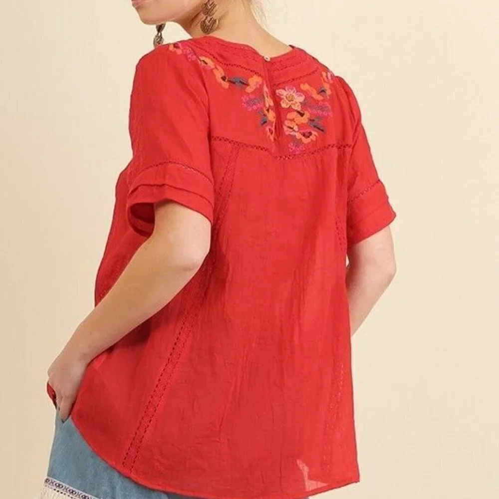 Umgee Floral Embroidered Short Sleeve Peasant Top - Picture 8 of 9